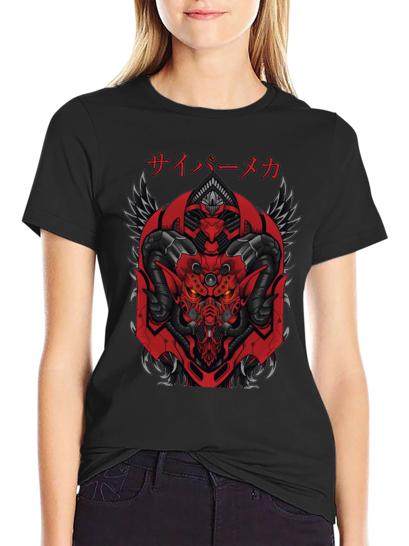 Cyber Mecha Demon Graphic Tee - Black