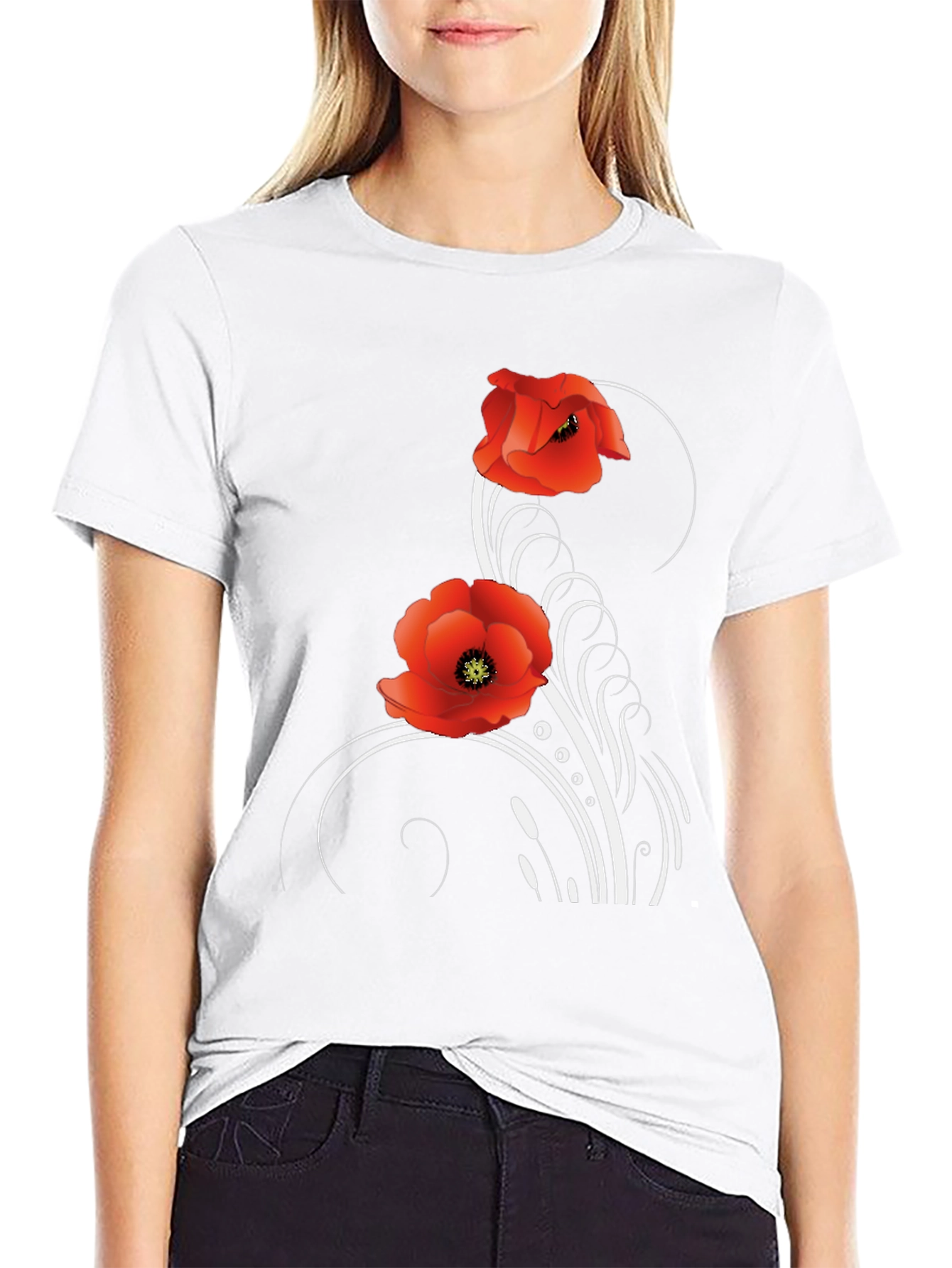 Floral Poppy T-Shirt - Black Cotton