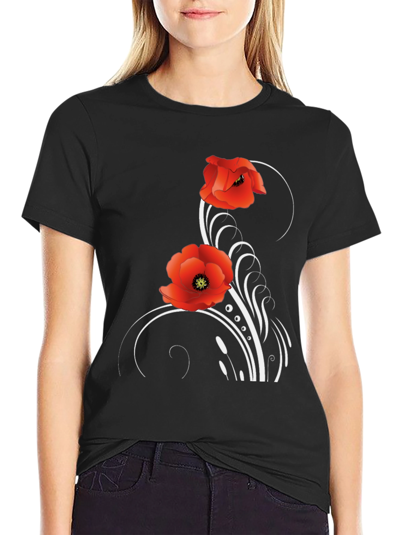 Floral Poppy T-Shirt - Black Cotton
