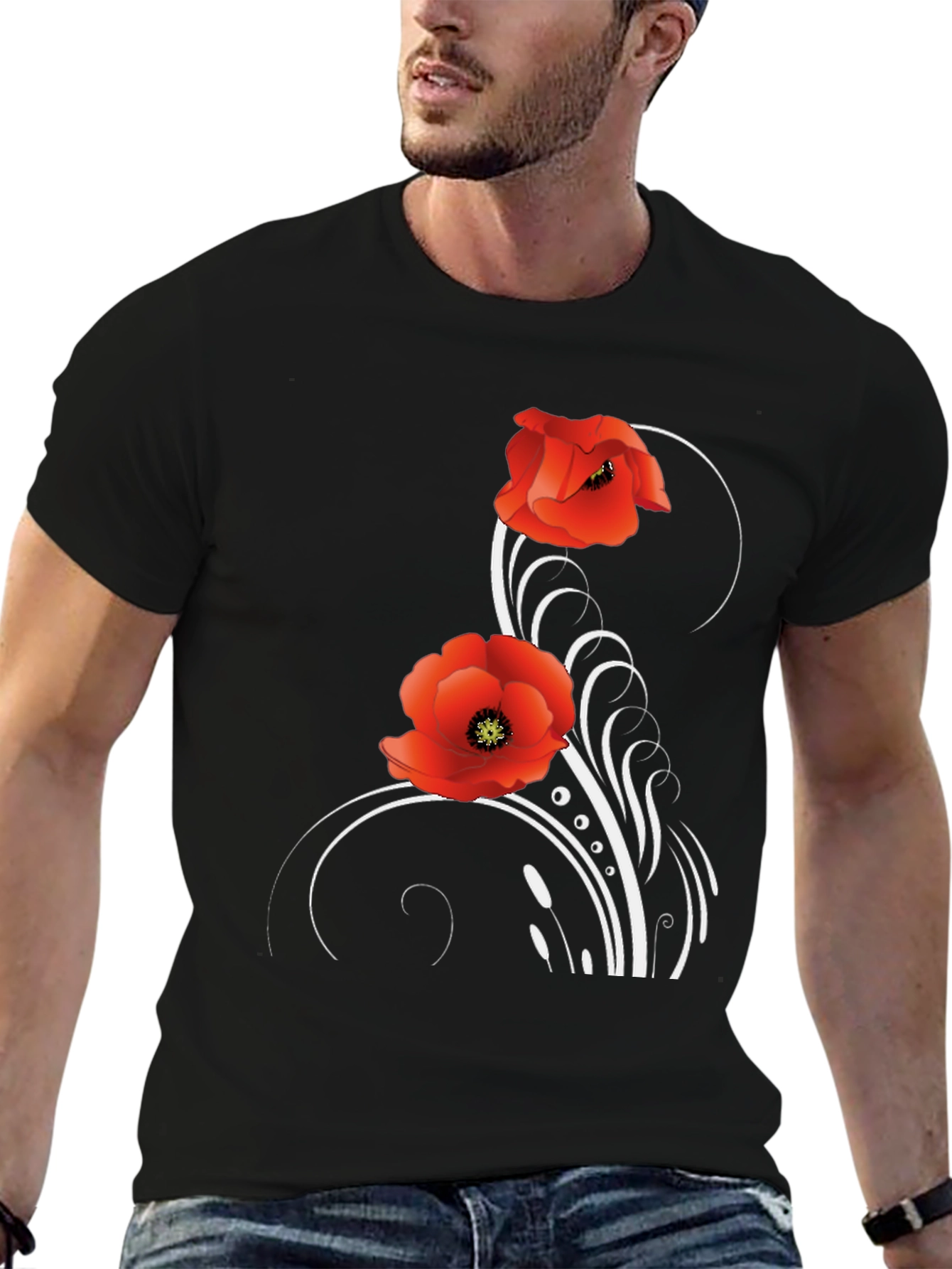 Floral Poppy T-Shirt - Black Cotton