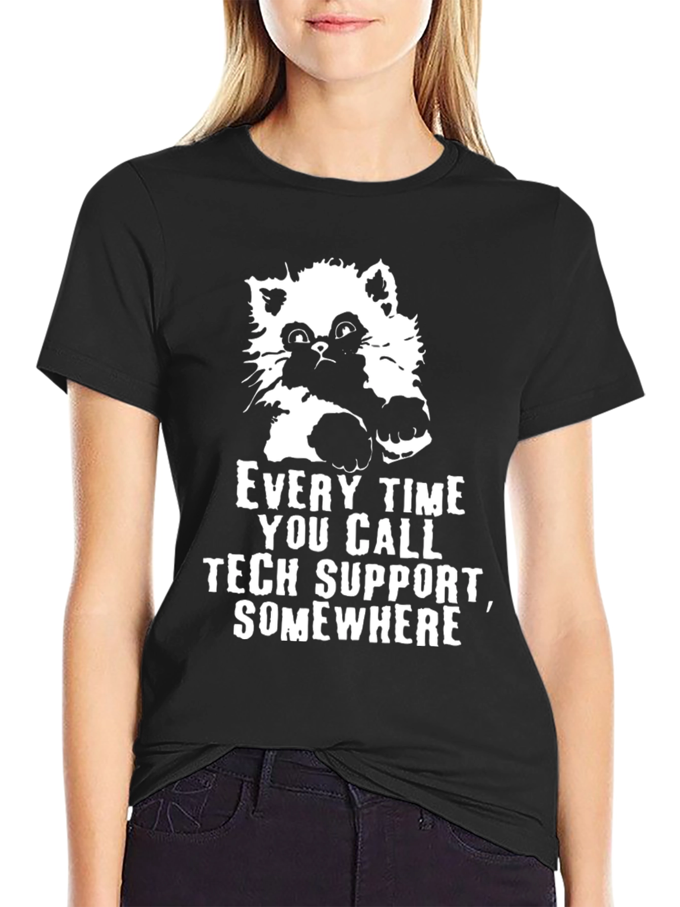 Tech Support Cat Graphic Tee - Black