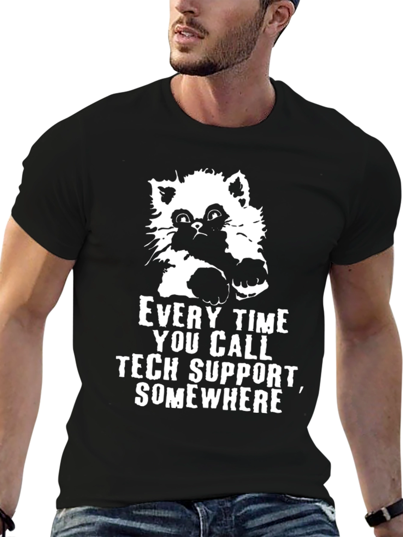 Tech Support Cat Graphic Tee - Black