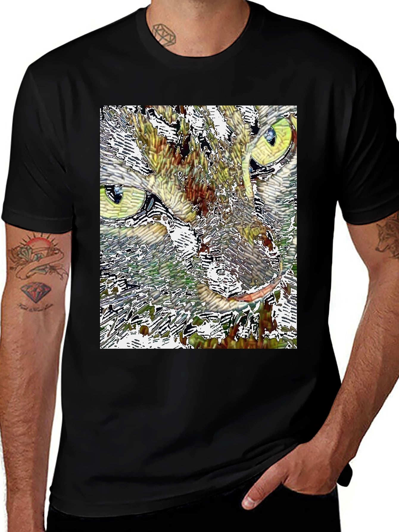 Abstract Cat Face Graphic Print Black T-Shirt