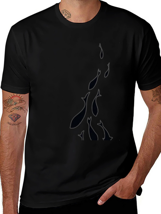 Mens Black Crew Neck T-Shirt with Fish Design