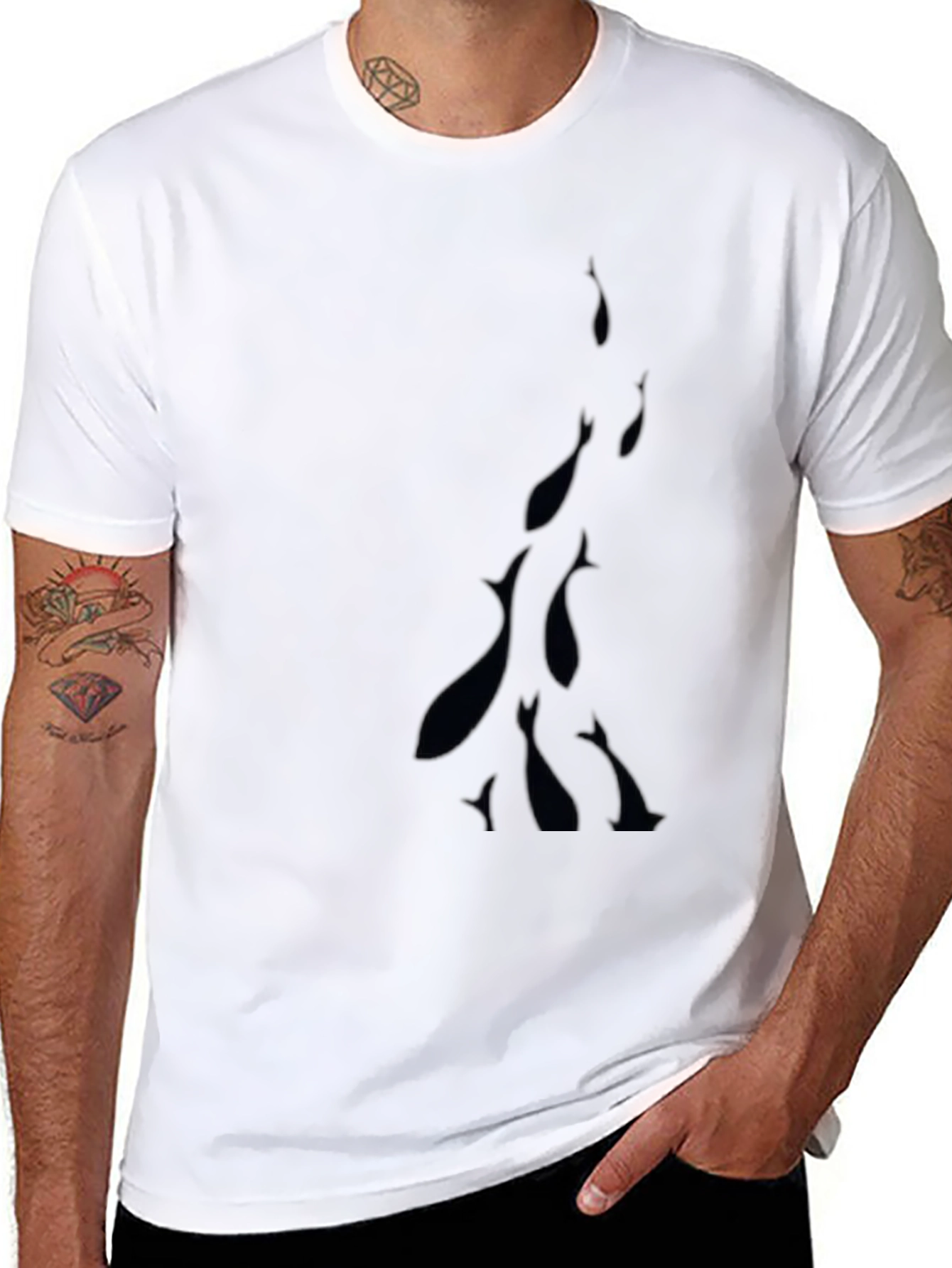 Mens Black Crew Neck T-Shirt with Fish Design
