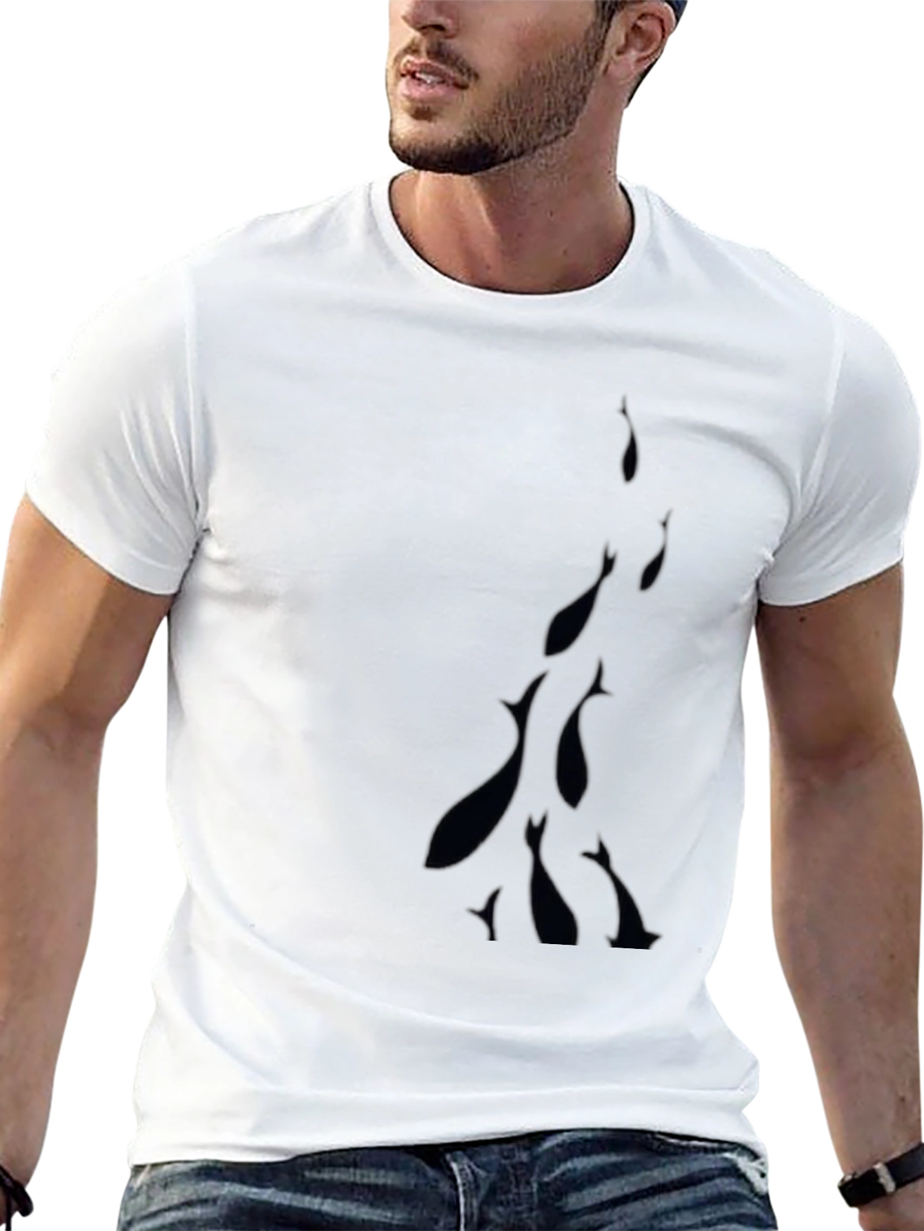 Mens Black Crew Neck T-Shirt with Fish Design