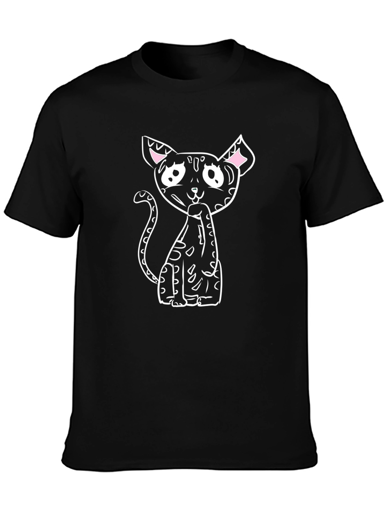 Black T-Shirt with Whimsical Cat Graphic