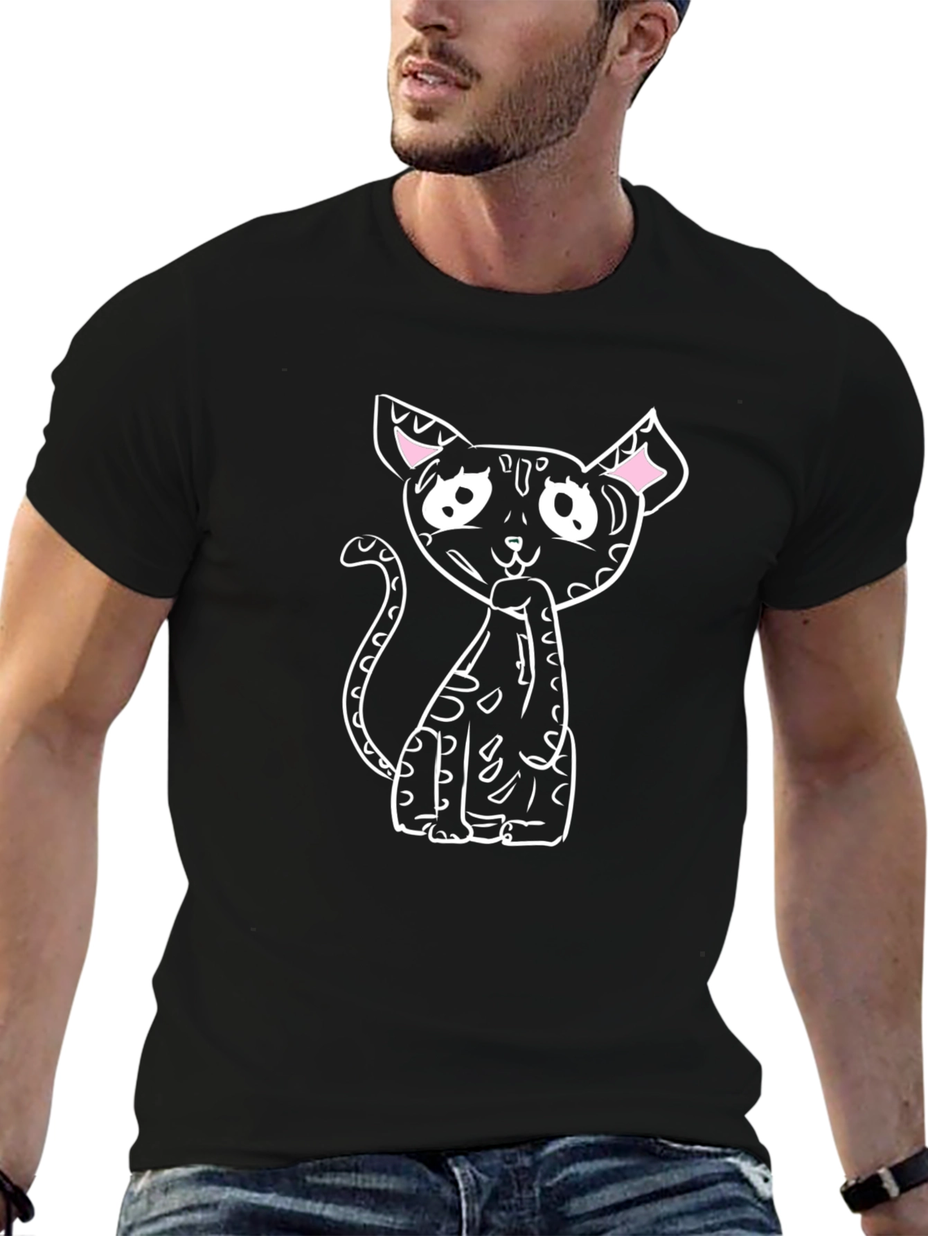 Black T-Shirt with Whimsical Cat Graphic