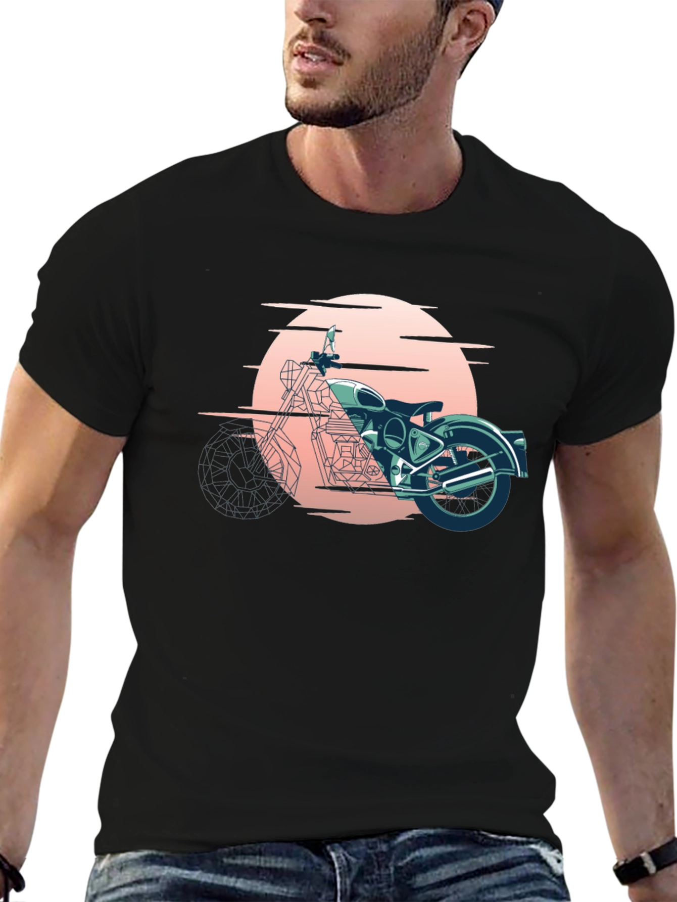 Retro Motorcycle Graphic Tee - Black Cotton T-Shirt