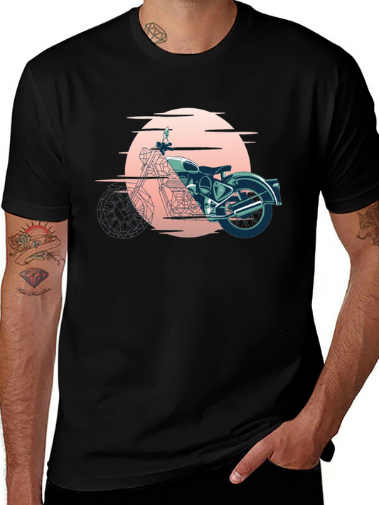Retro Motorcycle Graphic Tee - Black Cotton T-Shirt