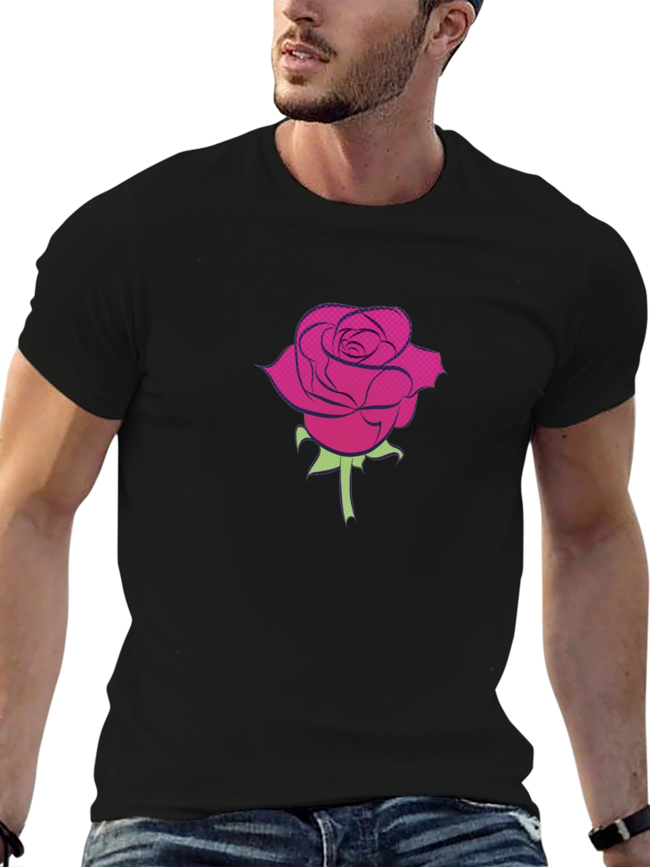 Black T-Shirt with a Rose Design