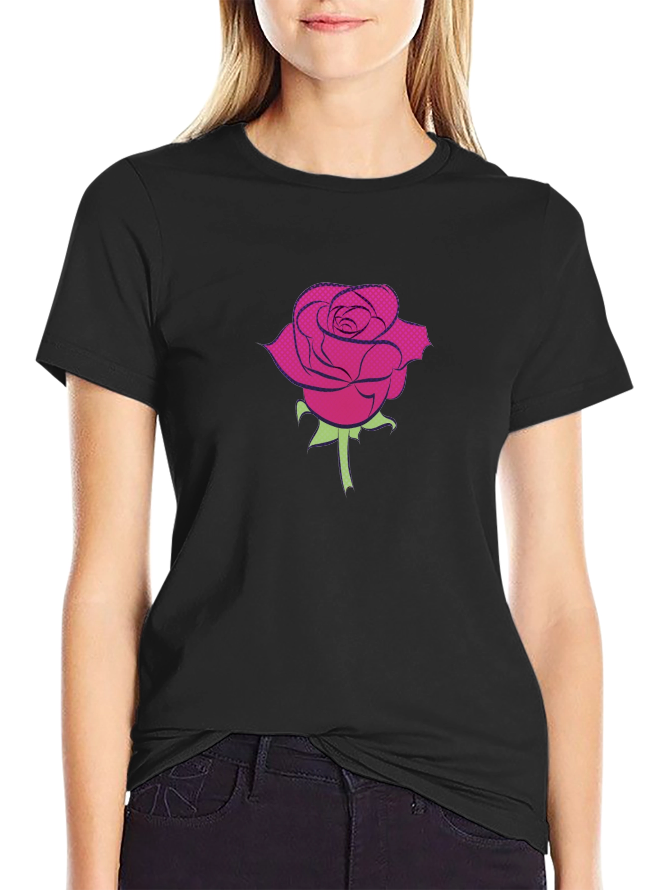 Black T-Shirt with a Rose Design