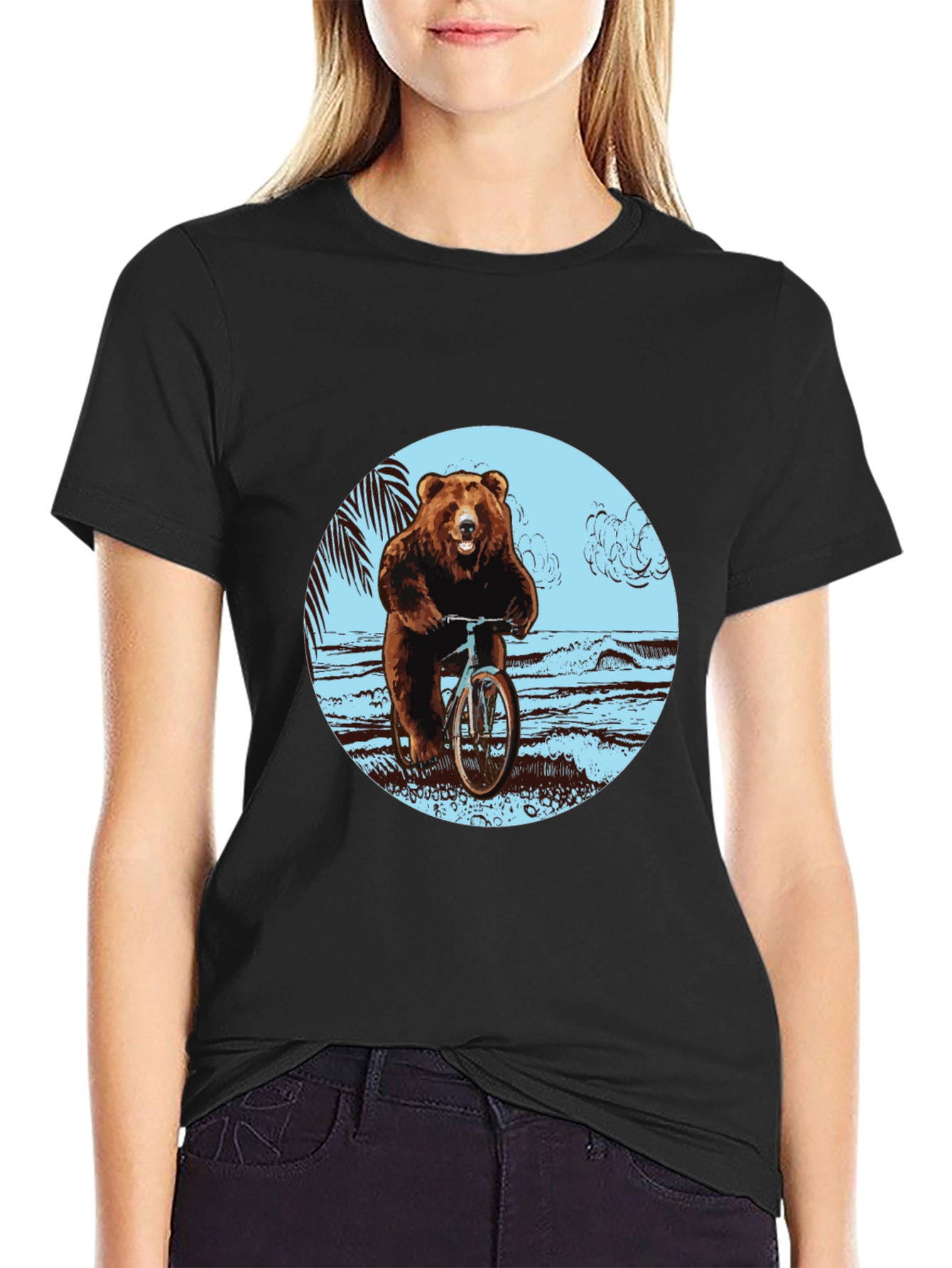 Bear on Bike Graphic Tee - Black Cotton T-Shirt