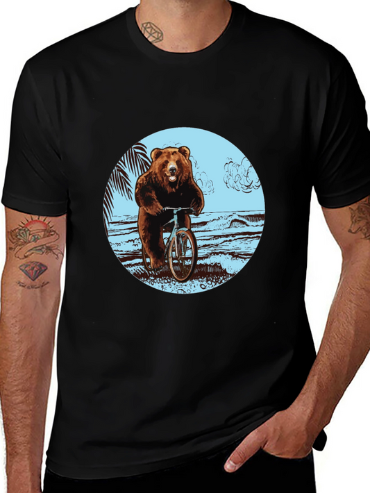 Bear on Bike Graphic Tee - Black Cotton T-Shirt