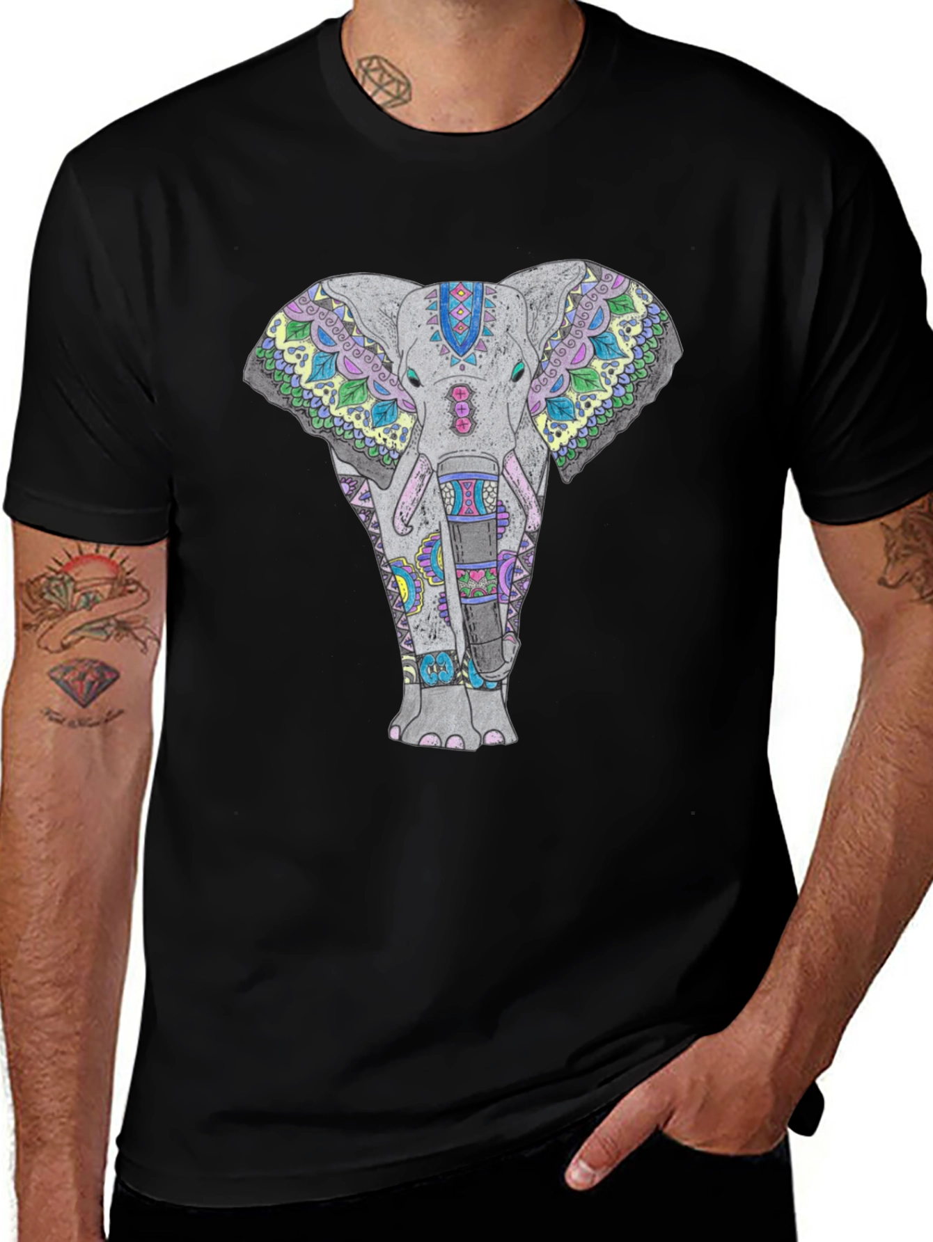 Elephant Mandala Graphic Tee - Black