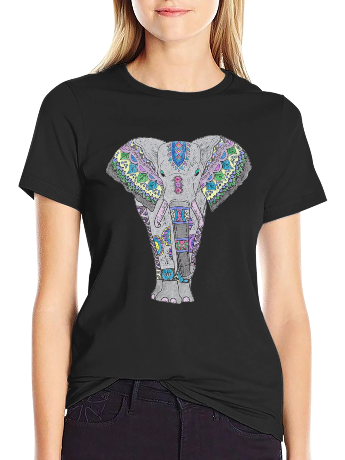 Elephant Mandala Graphic Tee - Black