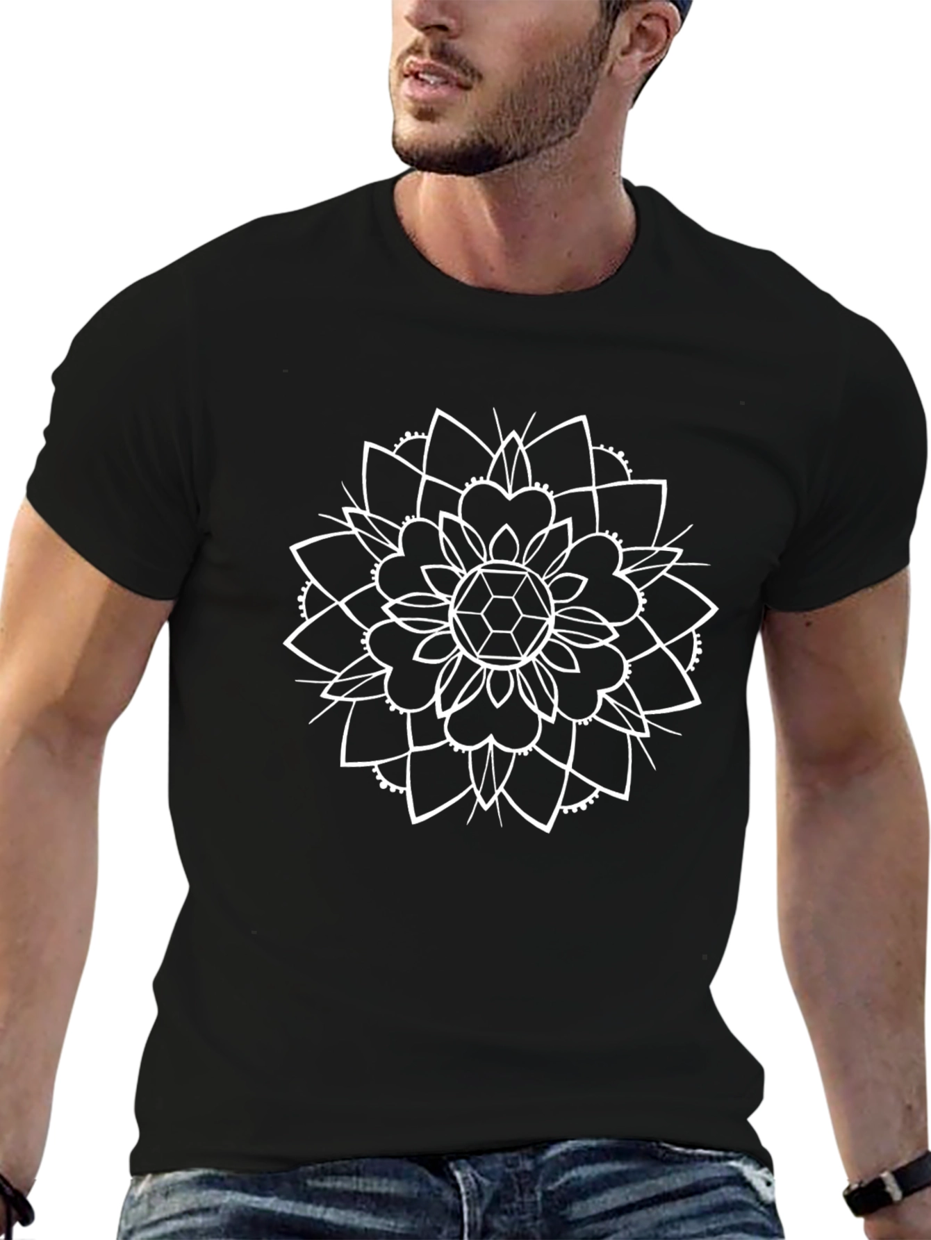 Black Tee with White Geometric Mandala Design