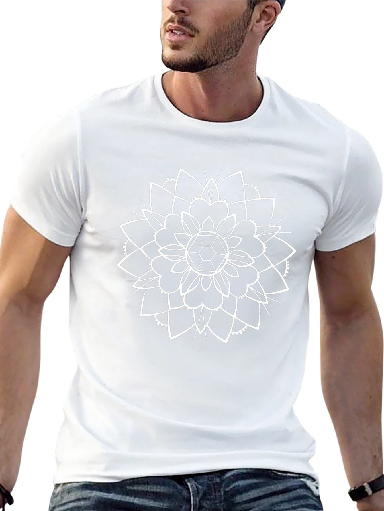 Black Tee with White Geometric Mandala Design