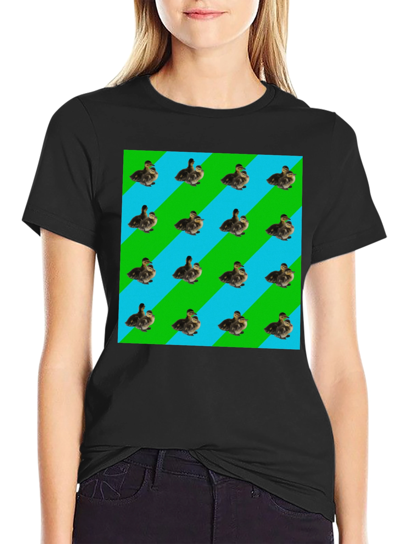 Duckling Pattern T-Shirt - Striped Background