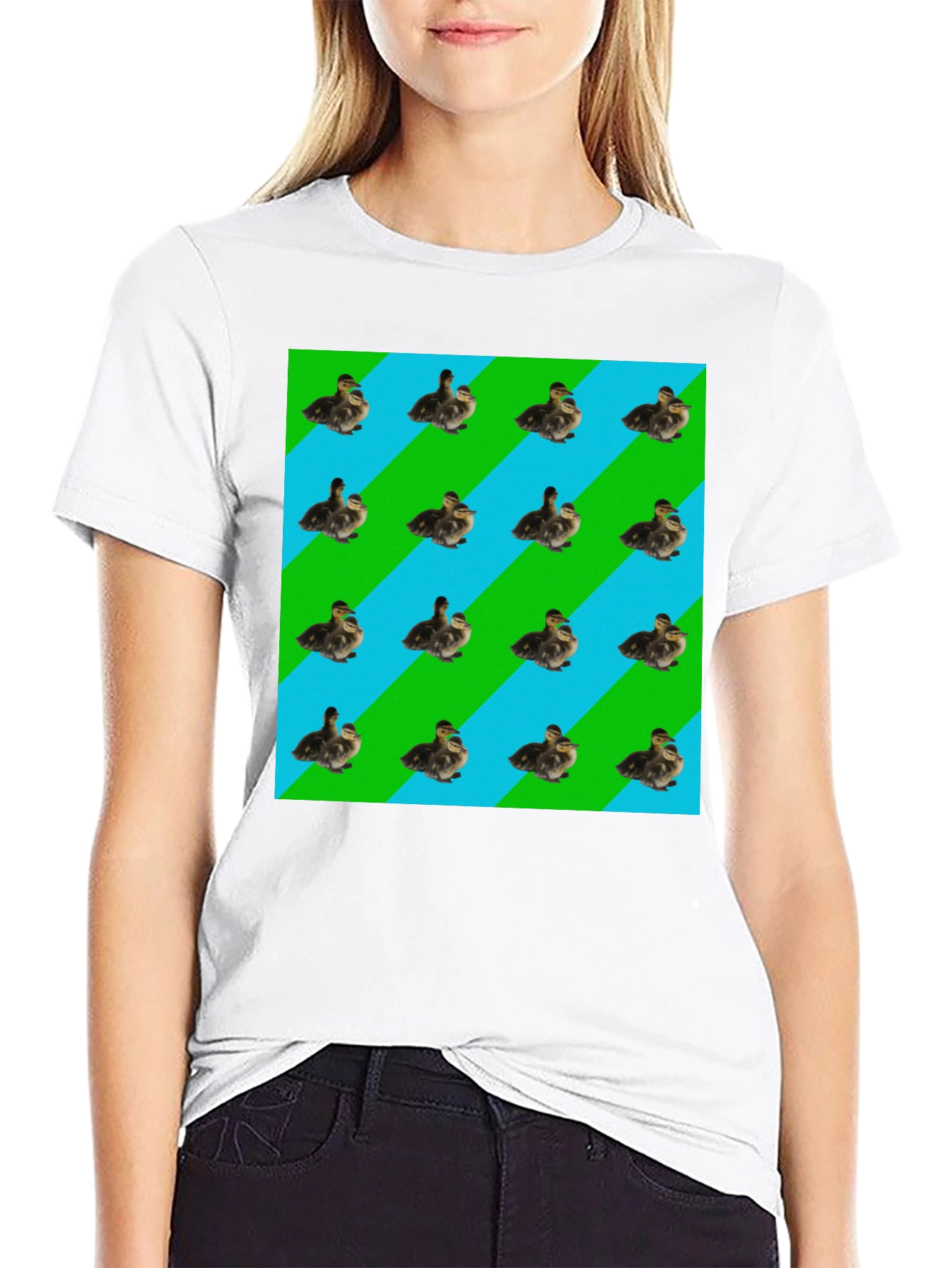 Duckling Pattern T-Shirt - Striped Background