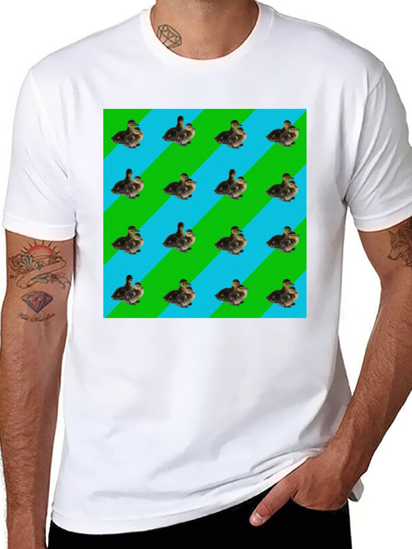 Duckling Pattern T-Shirt - Striped Background