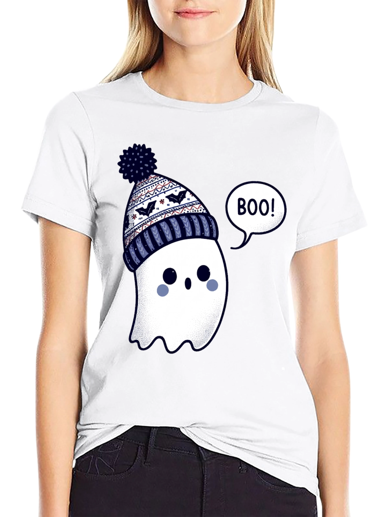 Cute Ghost in Beanie T-Shirt - Halloween Style
