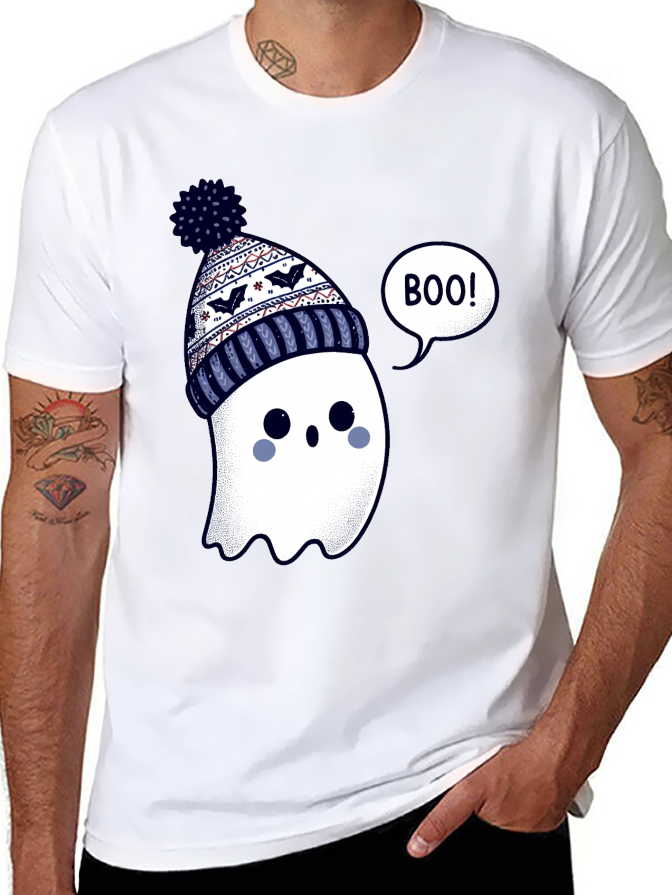 Cute Ghost in Beanie T-Shirt - Halloween Style