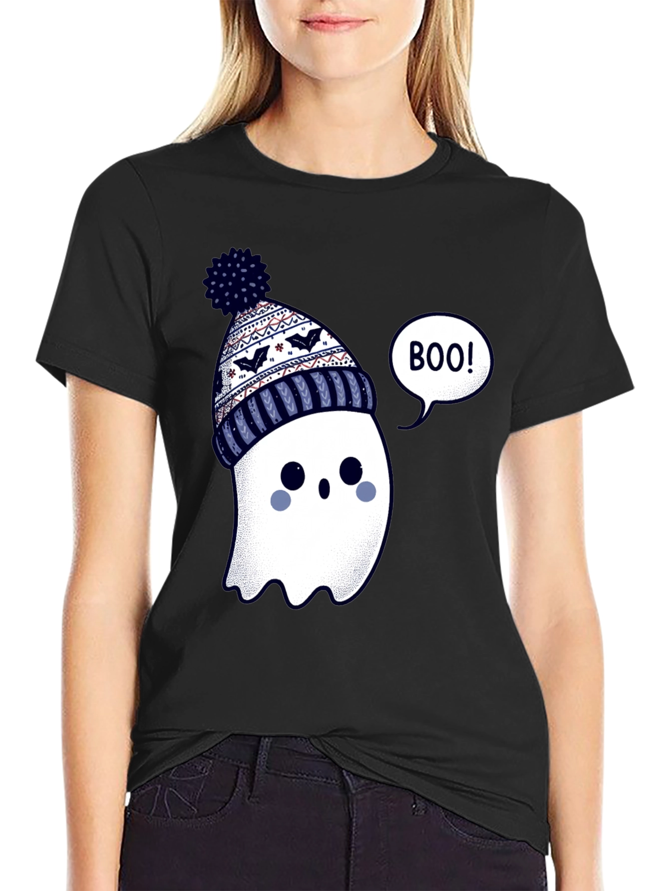 Cute Ghost in Beanie T-Shirt - Halloween Style