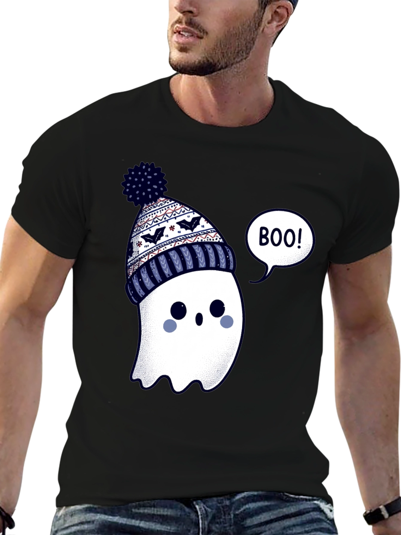 Cute Ghost in Beanie T-Shirt - Halloween Style