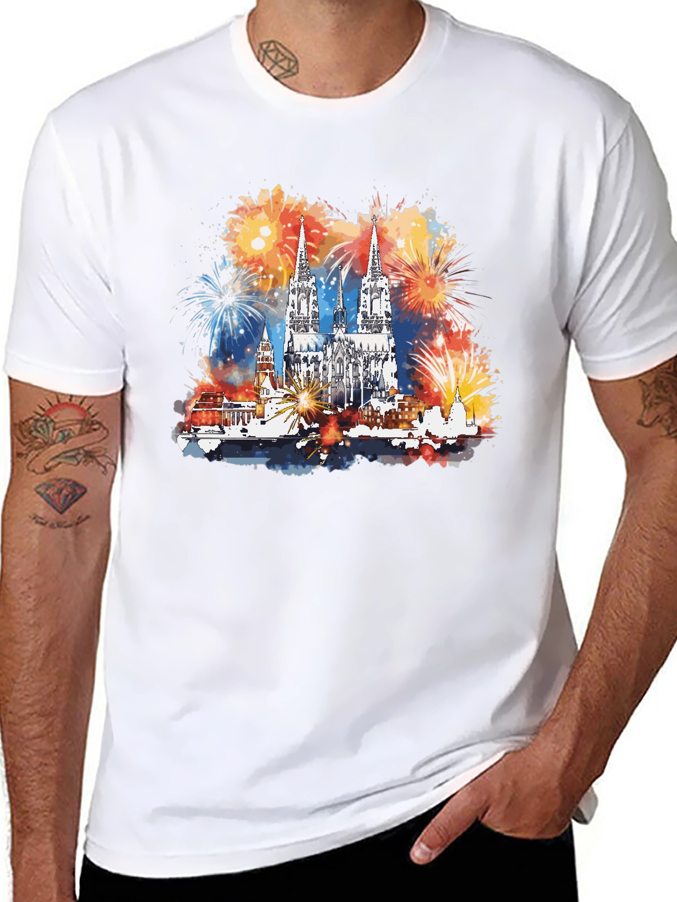 Cologne Cathedral Fireworks Mens Black T-Shirt