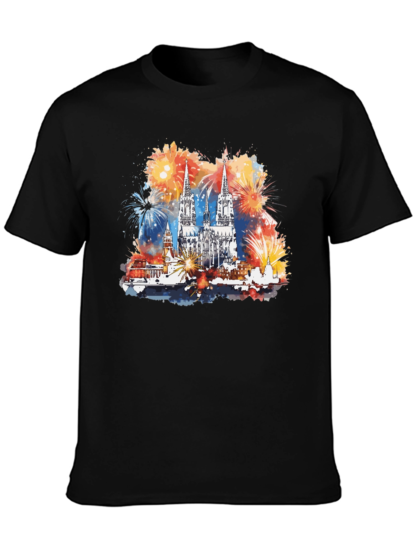Cologne Cathedral Fireworks Mens Black T-Shirt