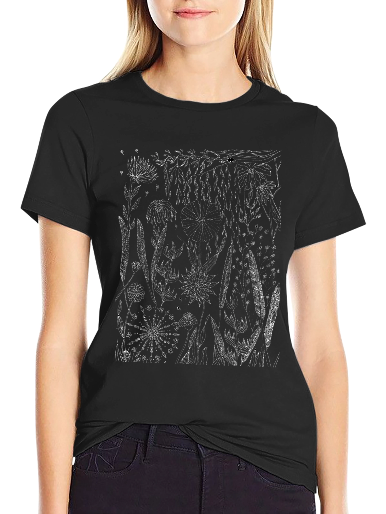 Botanical Print Black T-Shirt - Nature Inspired