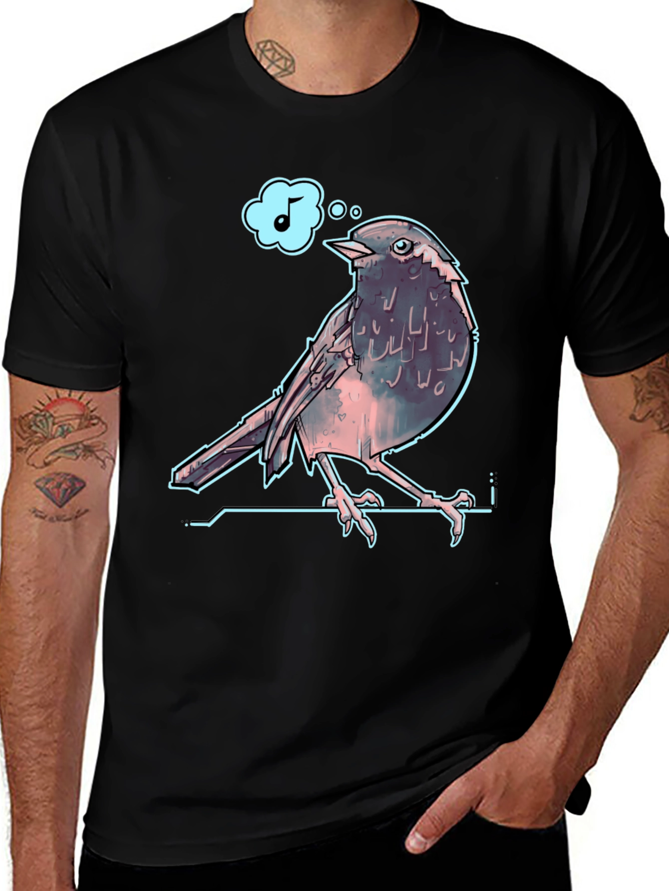 Singing Bird Graphic Tee - Black Cotton T-Shirt