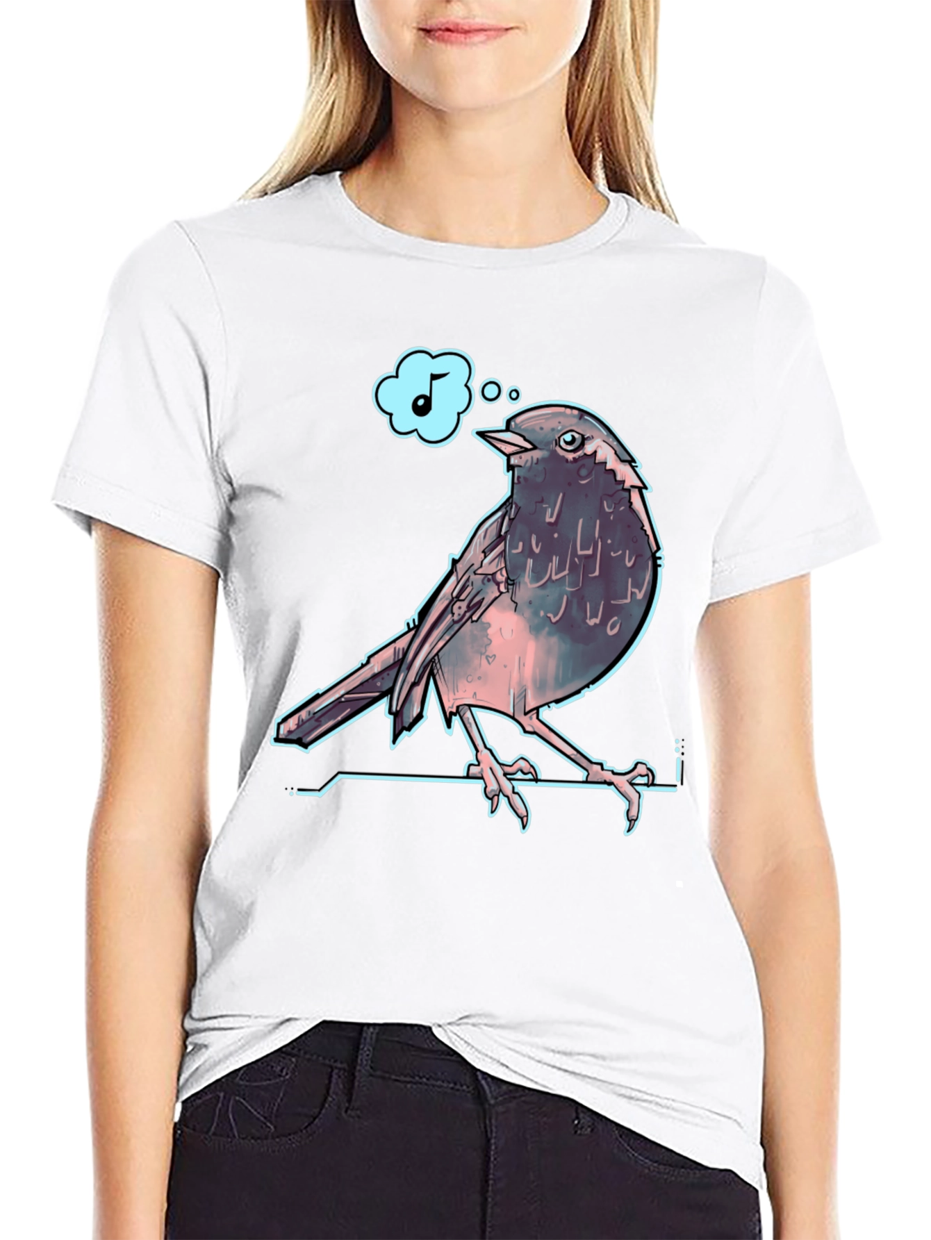 Singing Bird Graphic Tee - Black Cotton T-Shirt