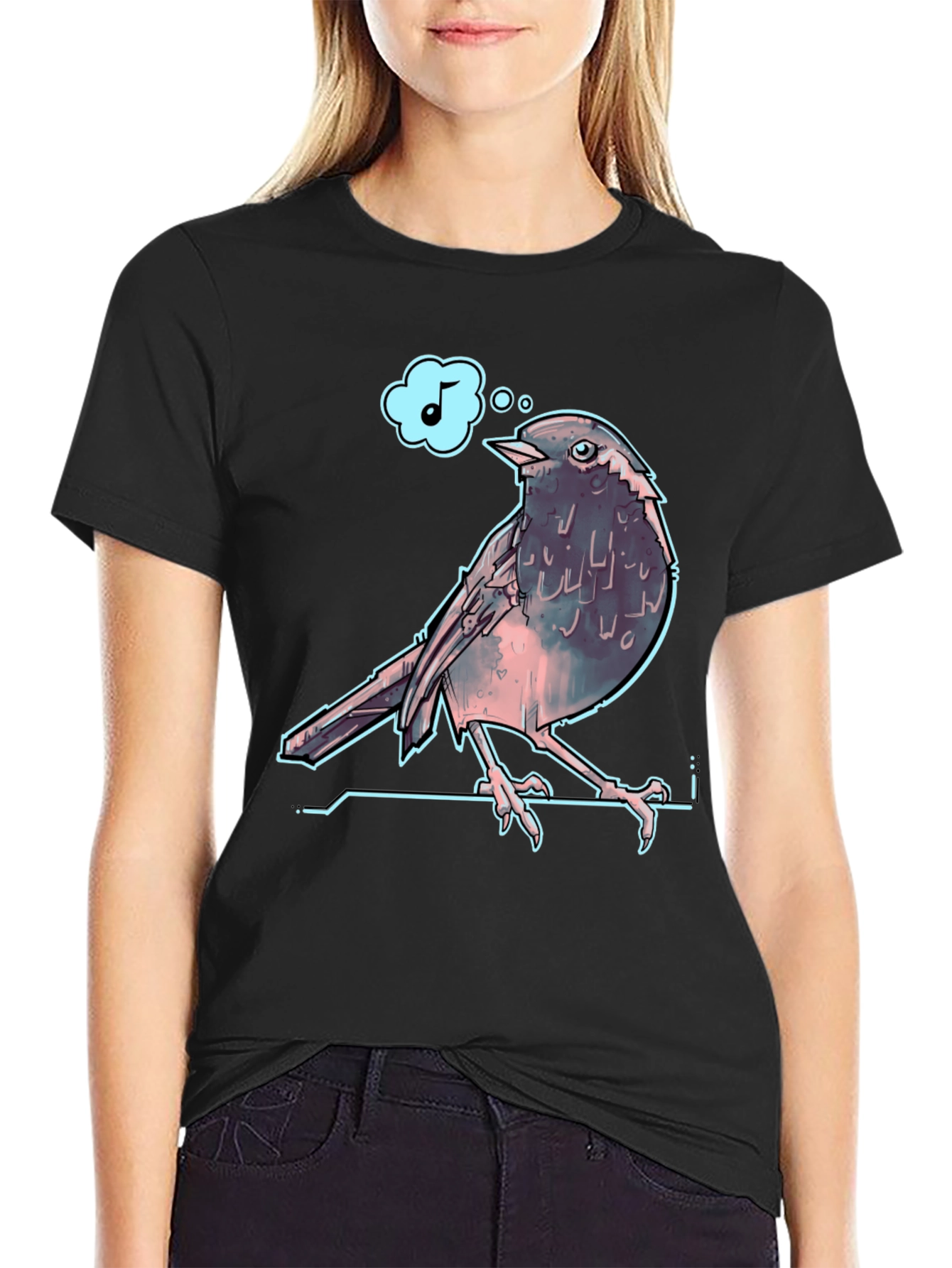 Singing Bird Graphic Tee - Black Cotton T-Shirt