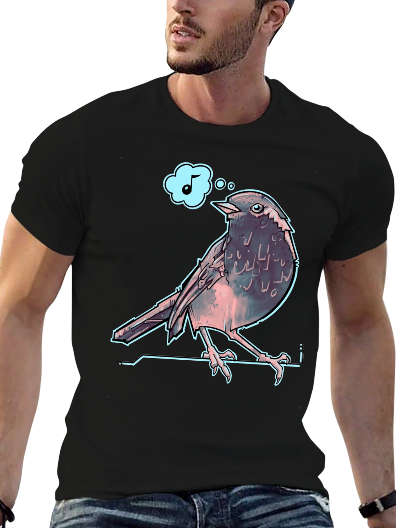 Singing Bird Graphic Tee - Black Cotton T-Shirt