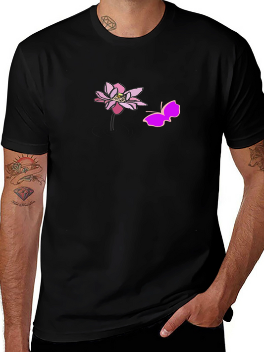 Black Graphic Tee with Pink Lotus and Butterfly Design