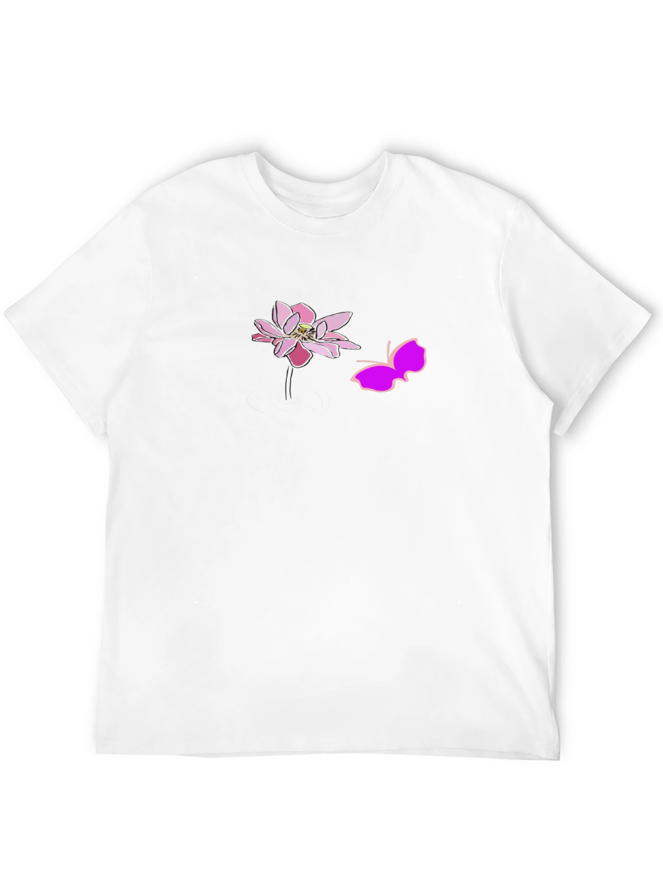 Black Graphic Tee with Pink Lotus and Butterfly Design