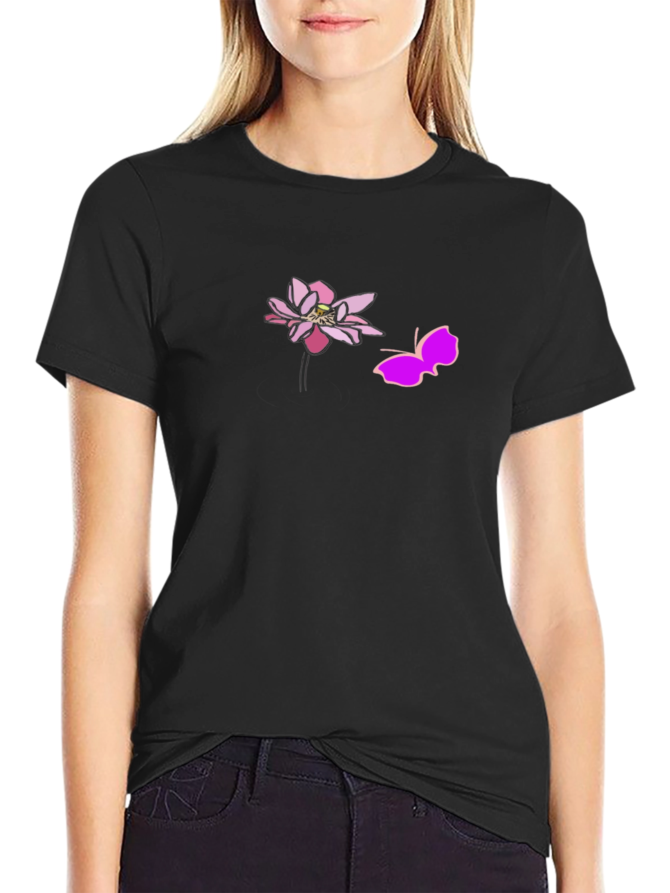 Black Graphic Tee with Pink Lotus and Butterfly Design