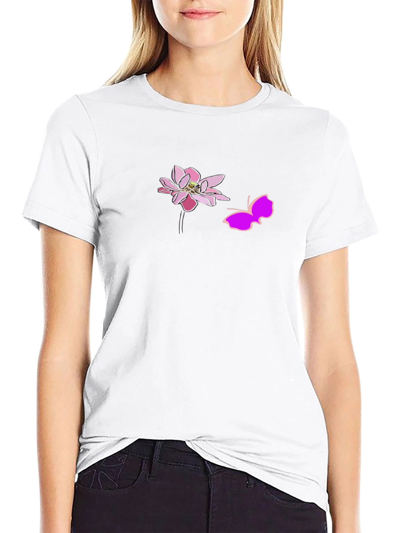 Black Graphic Tee with Pink Lotus and Butterfly Design