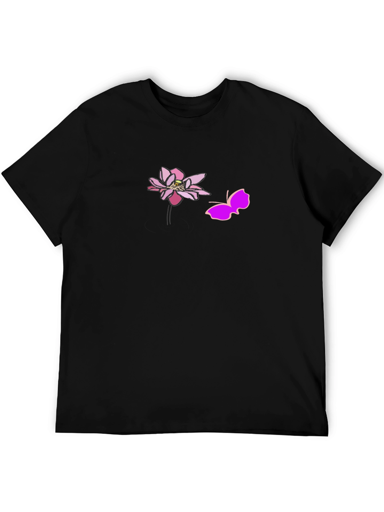 Black Graphic Tee with Pink Lotus and Butterfly Design