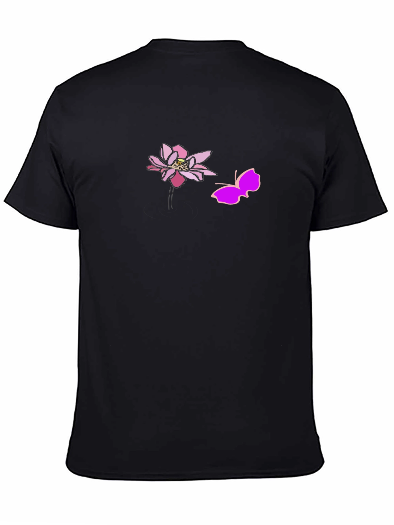 Black Graphic Tee with Pink Lotus and Butterfly Design