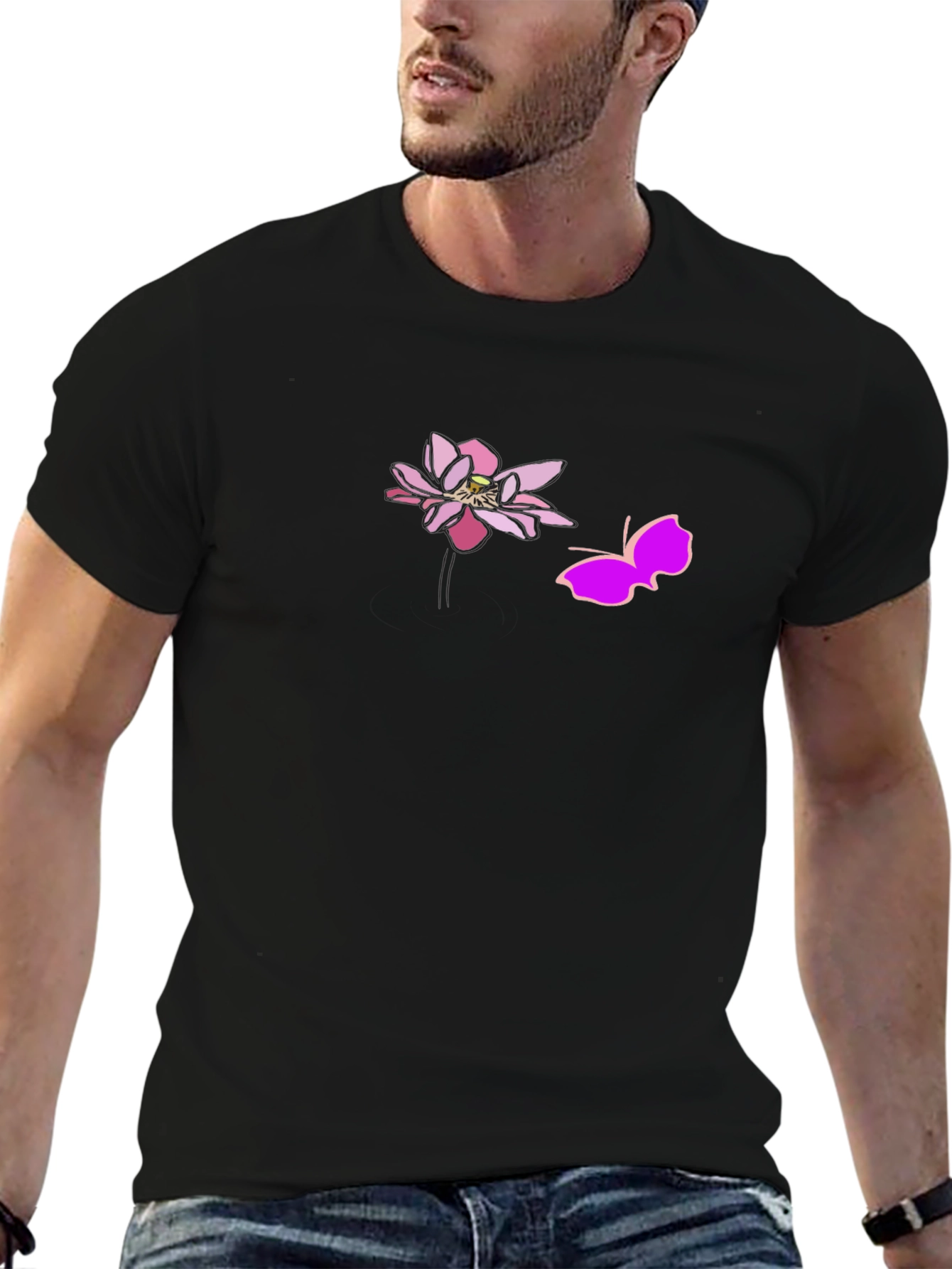 Black Graphic Tee with Pink Lotus and Butterfly Design