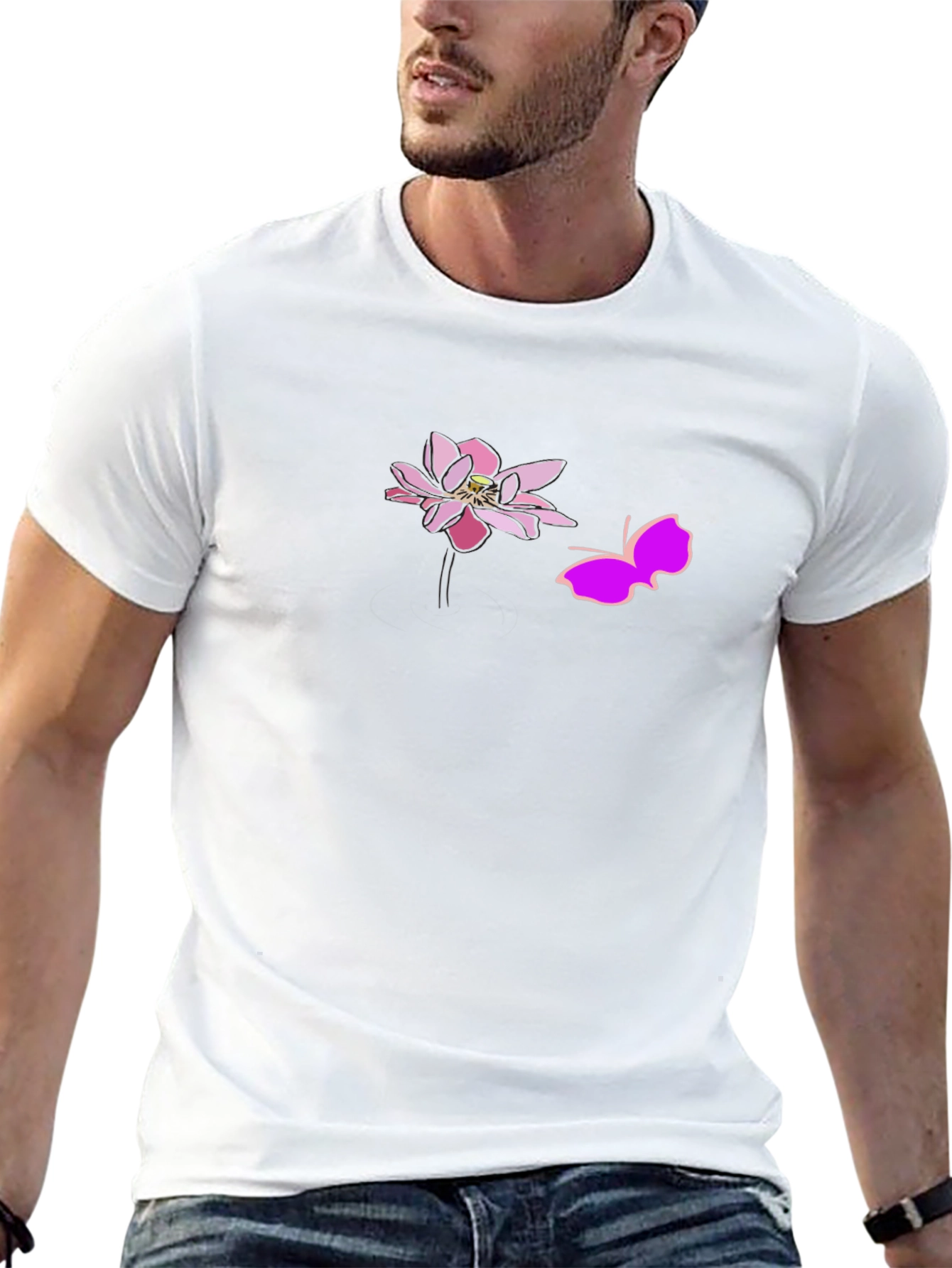 Black Graphic Tee with Pink Lotus and Butterfly Design