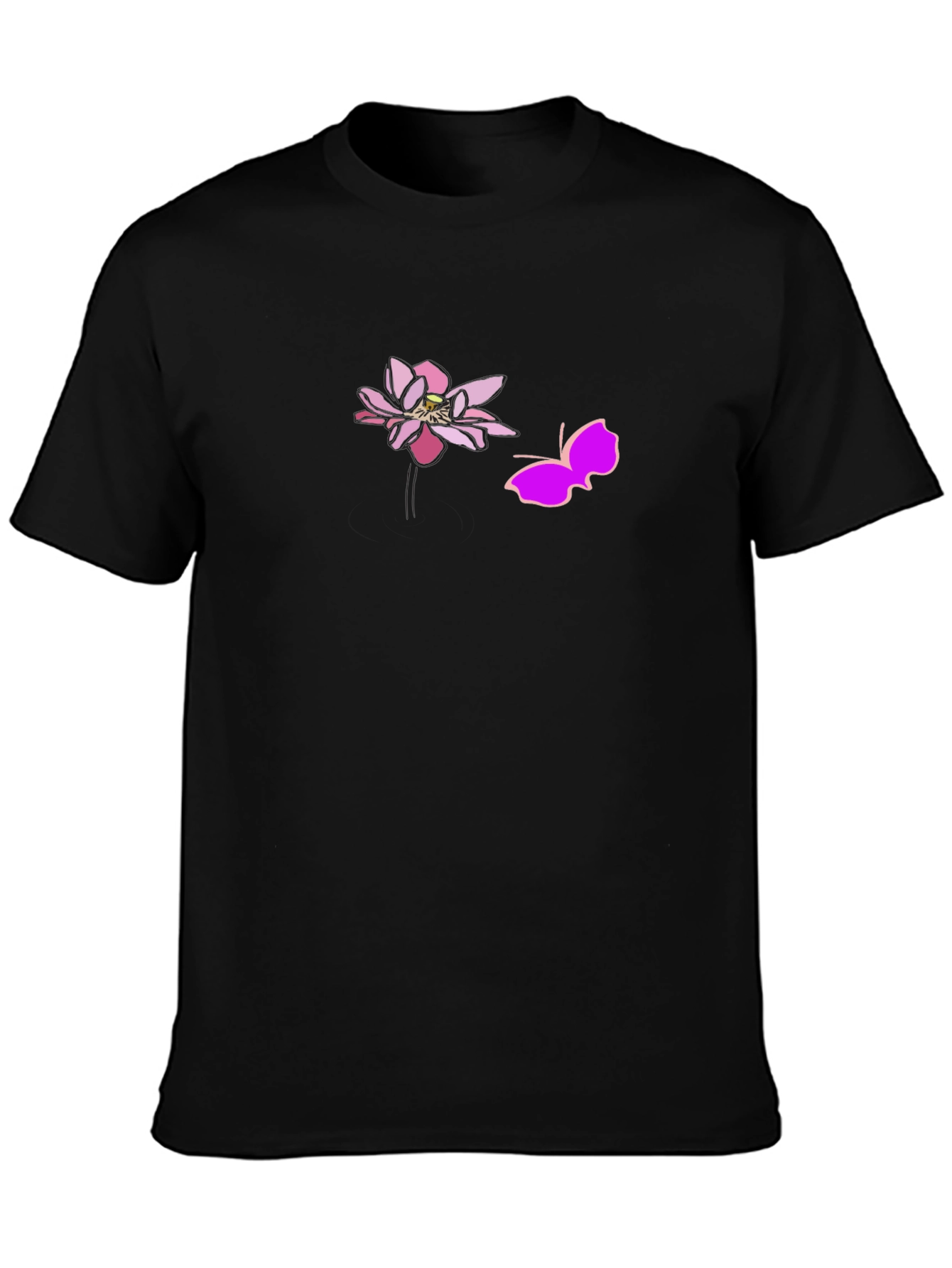 Black Graphic Tee with Pink Lotus and Butterfly Design