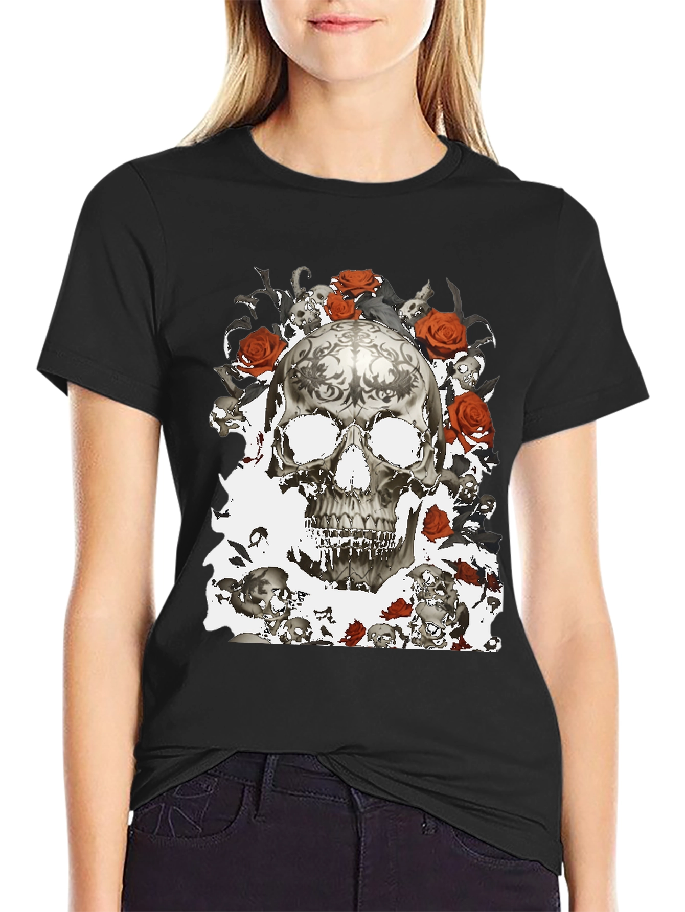 Skull & Roses Graphic T-Shirt - Gothic Style