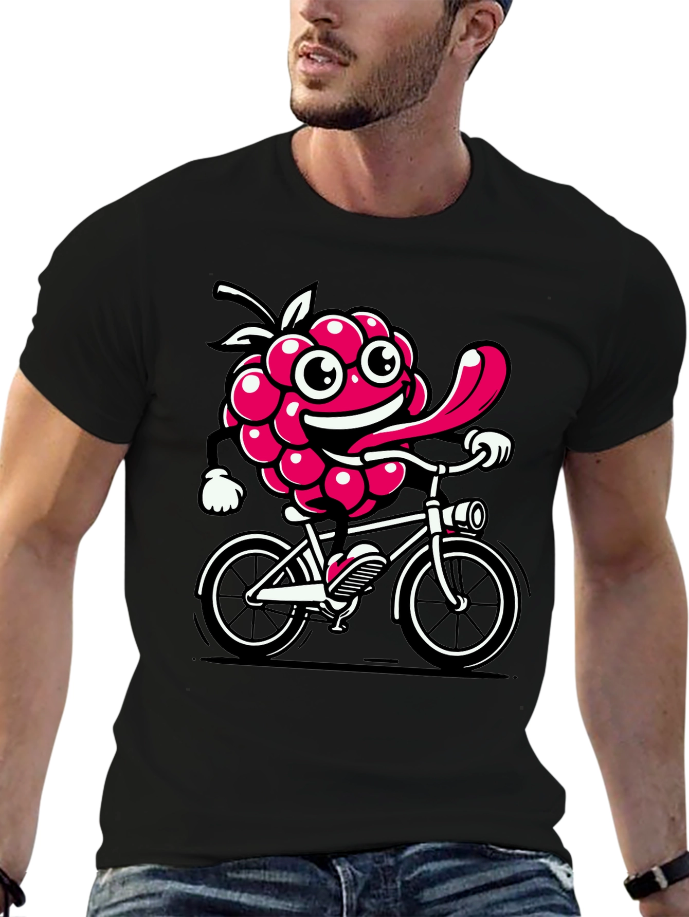 Funny Raspberry on Bike Graphic Tee - Black