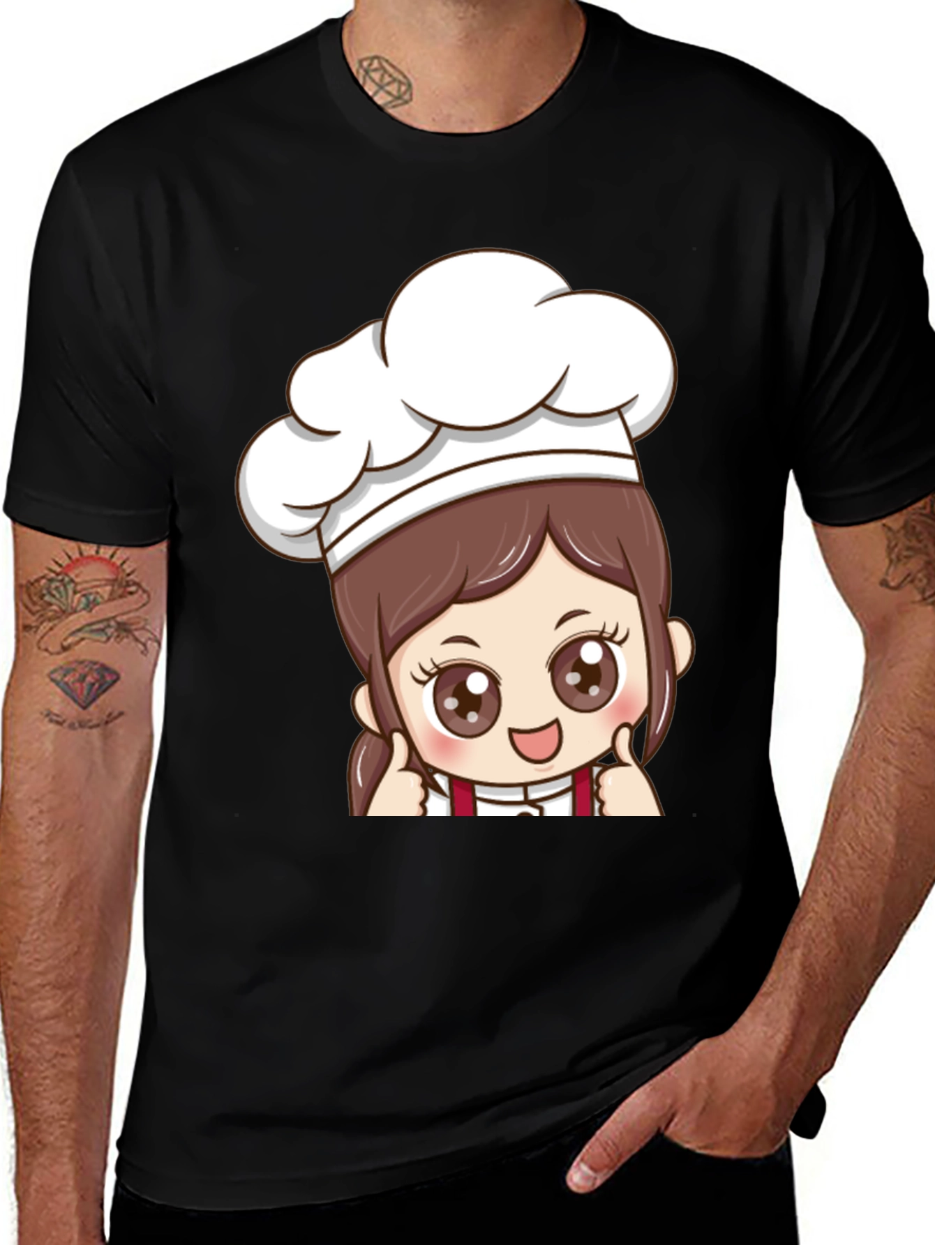 Chef Cartoon Print Black T-Shirt