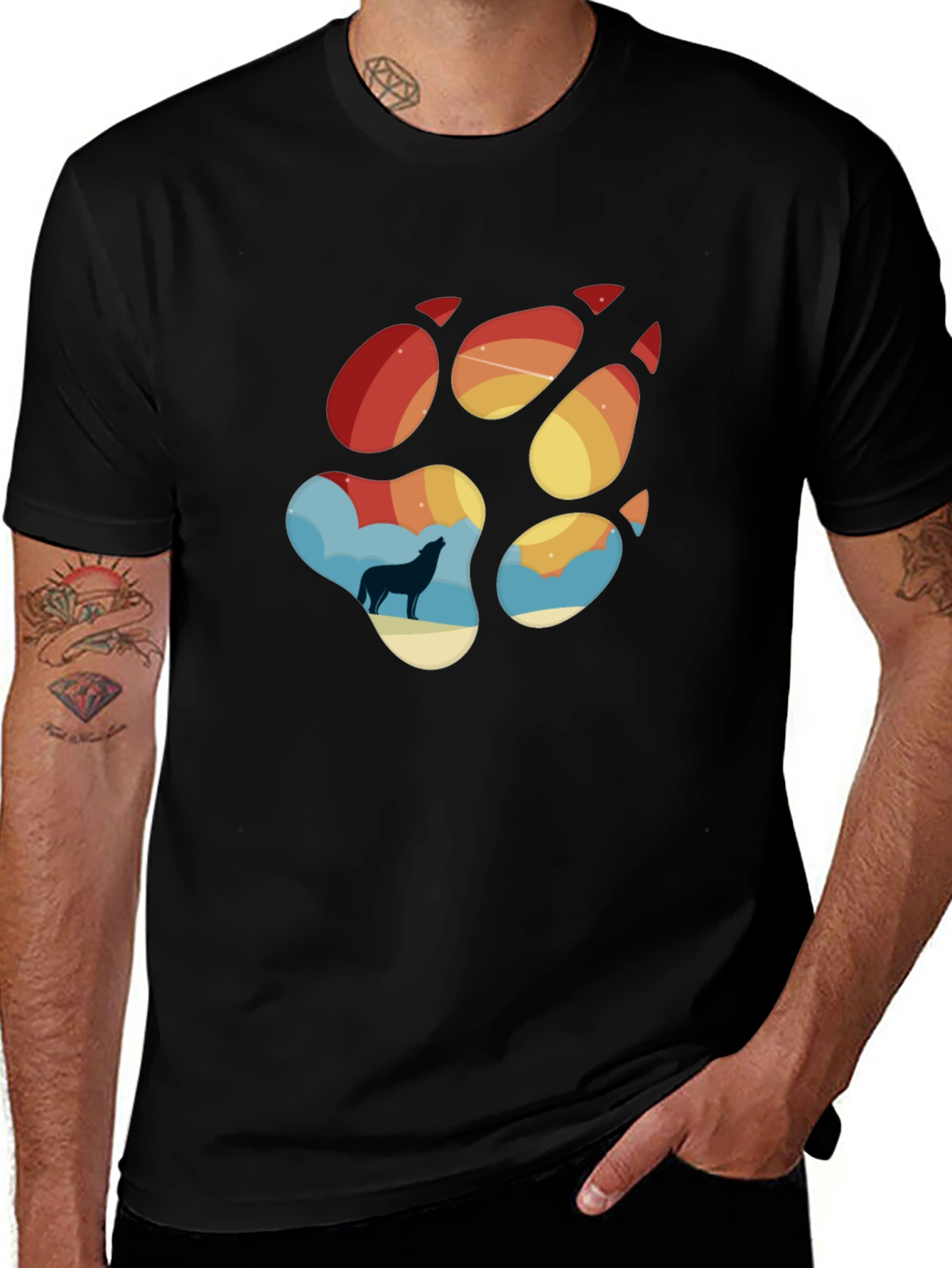 Wolf Paw Print T-Shirt - Mens Black Tee