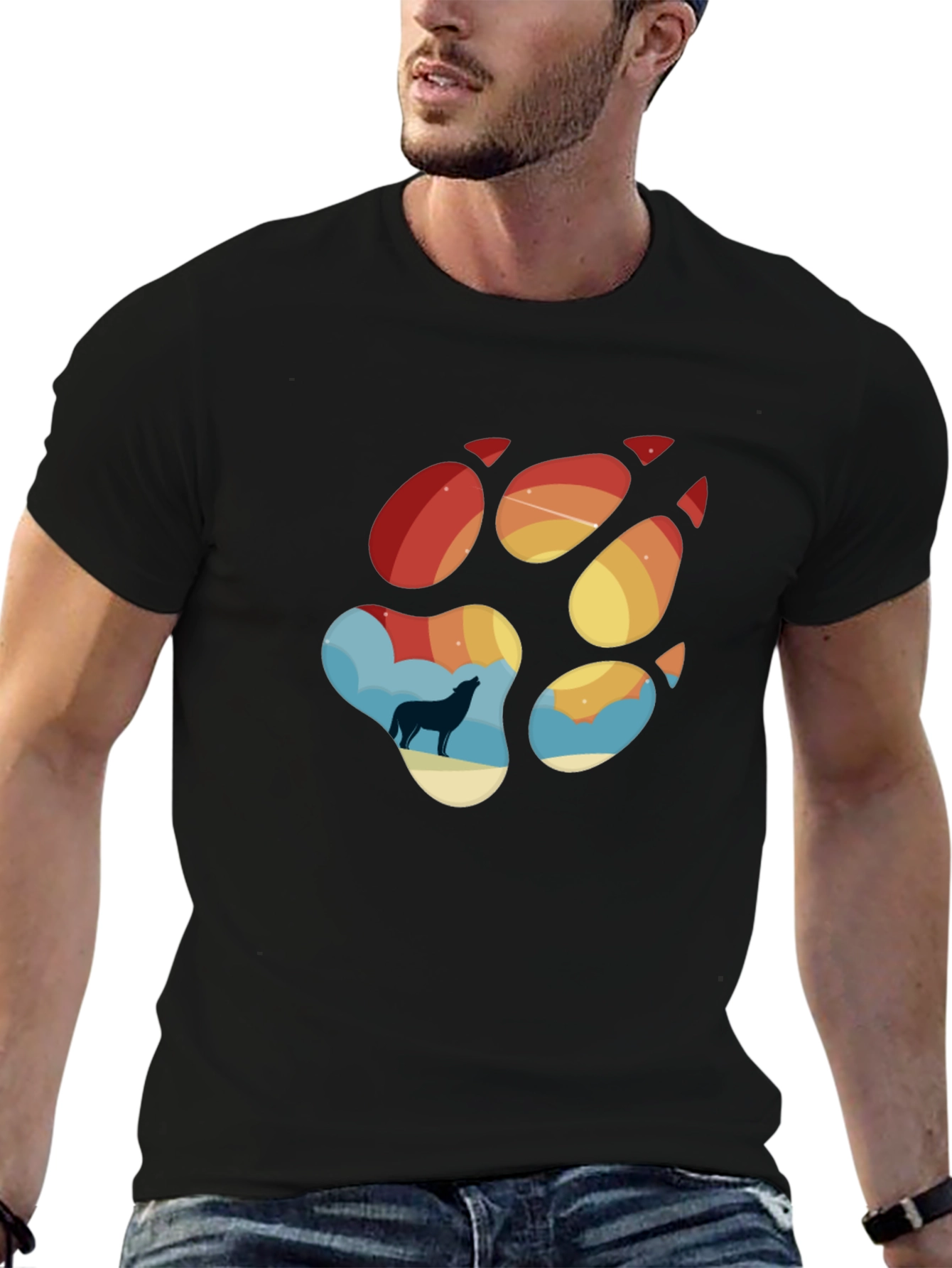 Wolf Paw Print T-Shirt - Mens Black Tee